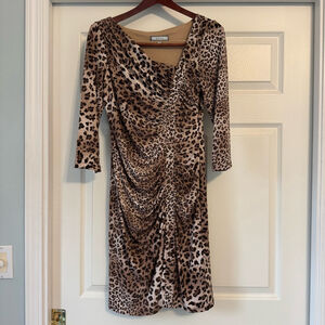 Women's Laura Max Poet Dress Size M Leopard Print 3/4 Sleeve Ruched Bodycon